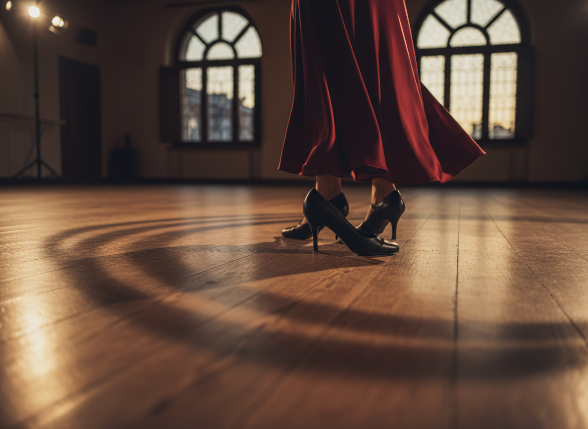 A pair of elegant black leather tango shoes and a flowing deep-red satin skirt arranged together on an aged wooden dance floor, their reflections subtly visible in the polished boards. In the background, the blurred outline of a classic Venetian-style window suggests an upper-floor studio, with soft evening light filtering in from the lagoon. Warm, directional spotlights graze the floor, creating long, graceful shadows that echo the curves of tango movements. Photographic realism, shot at a low angle with shallow depth of field, emphasizing texture and craftsmanship. The mood is sophisticated and sensual, suggesting the refined atmosphere of an Argentine tango school in Italy without showing any people.
