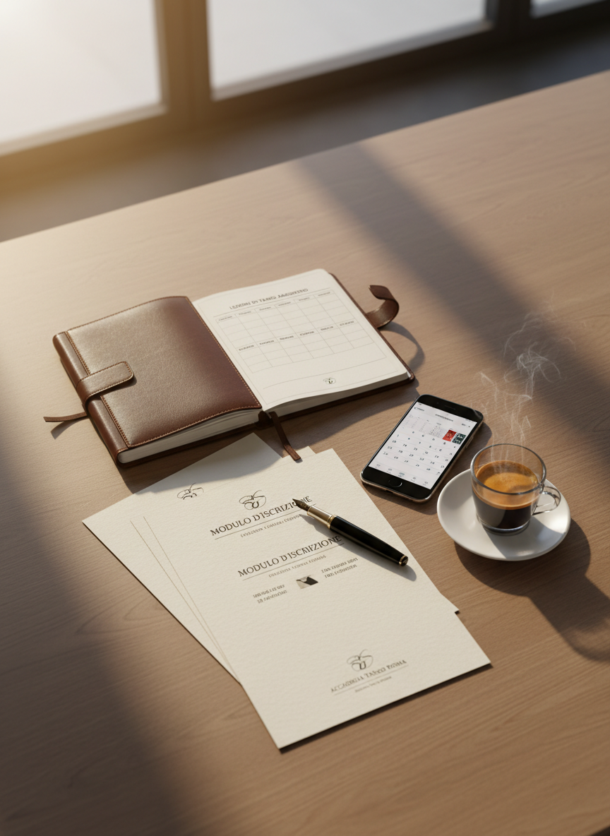 An overhead photographic shot of neatly arranged tango course materials on a smooth wooden table in an Italian studio office: a leather-bound planner open to a weekly schedule, elegant printed enrollment forms, a fountain pen with a glossy black barrel, and a smartphone displaying a calendar. To one side, a delicate glass of espresso rests on a small porcelain saucer, its surface catching soft afternoon light from a nearby window. Shadows are subtle and diffuse, suggesting a calm, efficient workspace. The composition is ordered and balanced, conveying organization and professionalism for tango classes and registrations, while the warm tones and fine materials communicate a sophisticated brand identity.