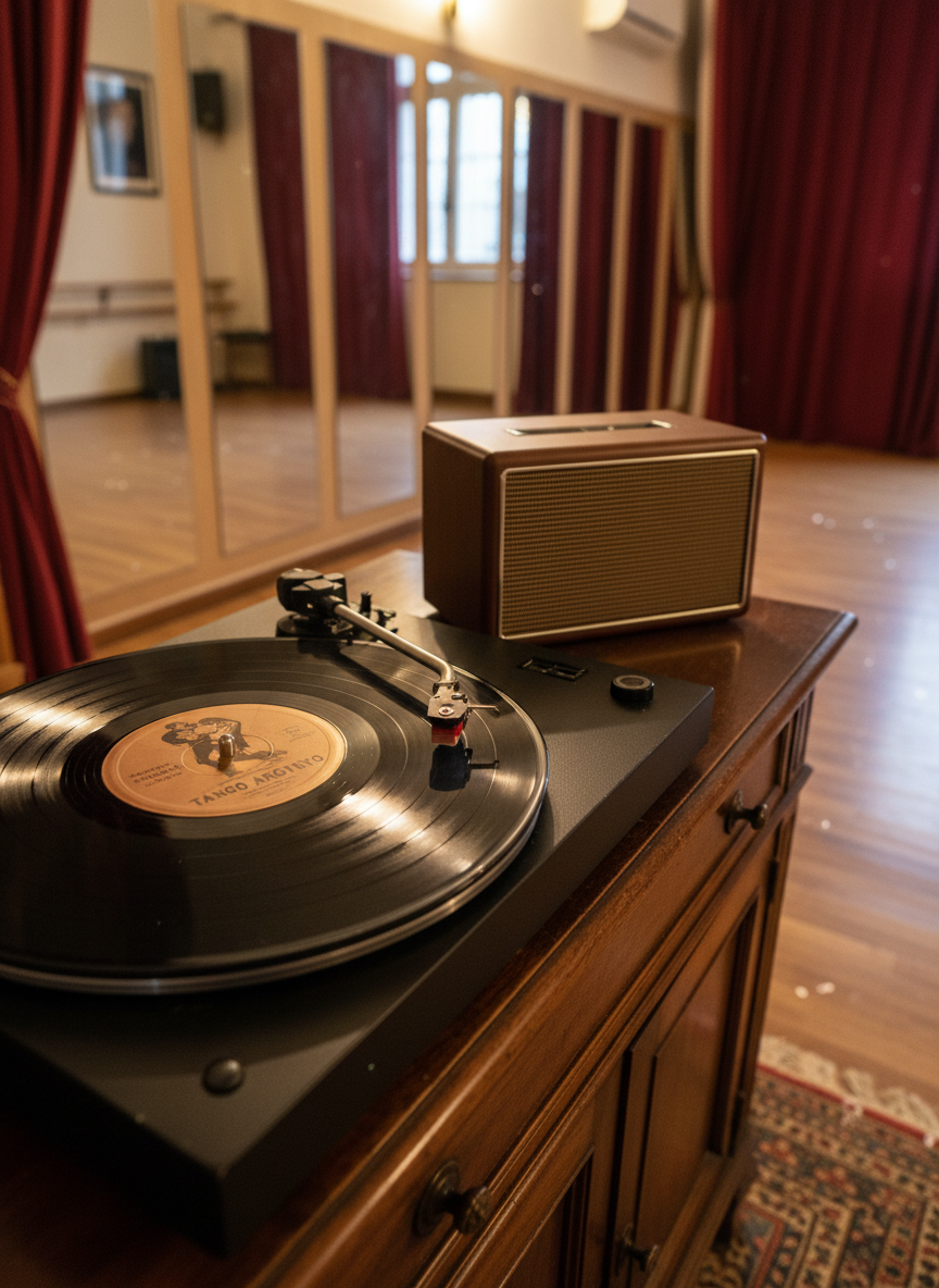 A close-up, photographic view of a vintage vinyl record of Argentine tango spinning on a sleek black turntable placed on a dark wooden sideboard near the dance floor. The record’s grooves catch the warm studio light, and a small, classic speaker sits nearby, its fabric grille subtly textured. In the softly blurred background, the edges of a tango studio are visible: a bar of wall-mounted mirrors, a hint of red velvet curtains, and the reflective sheen of a well-used floor. Shot from a slightly elevated angle with shallow depth of field, the image feels intimate and atmospheric, evoking the musical soul of a tango school in northern Italy.